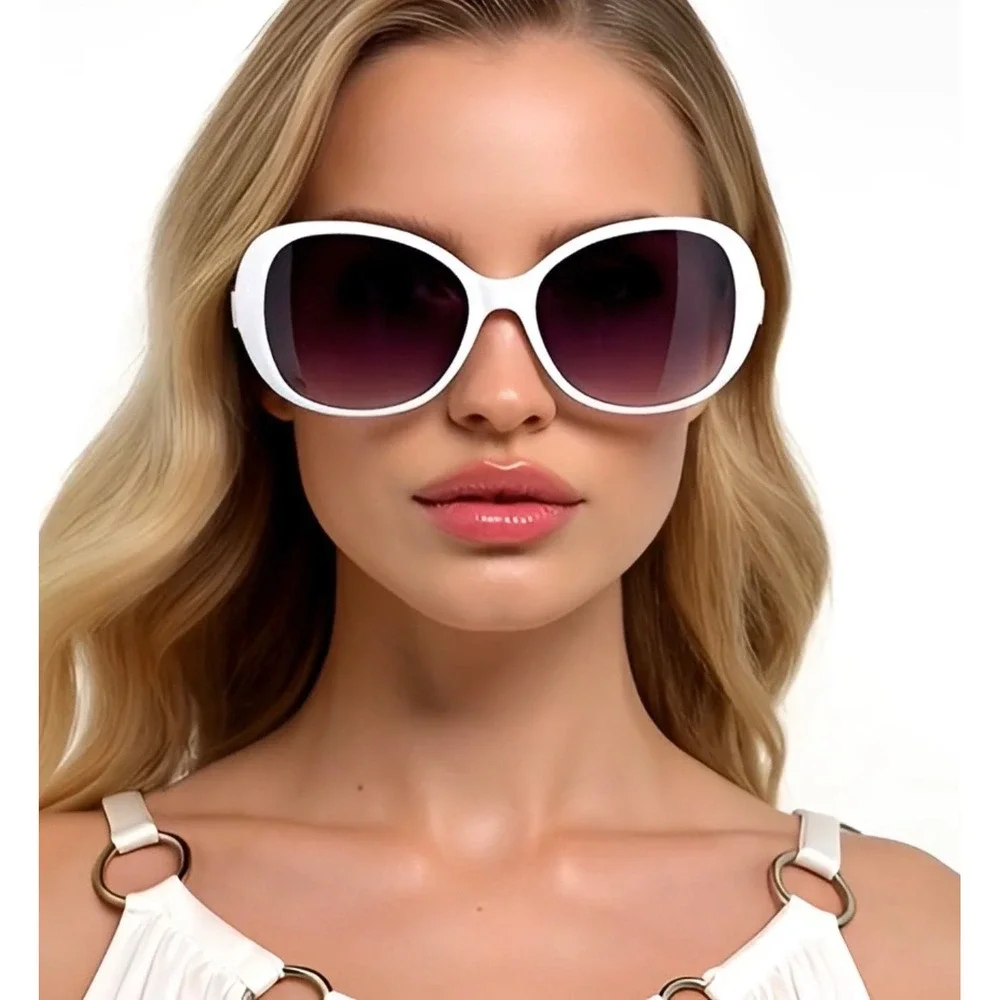 Sunglasses White Frame Women Eyeglasses Double Ring Accents Elegant Lentes Gafas